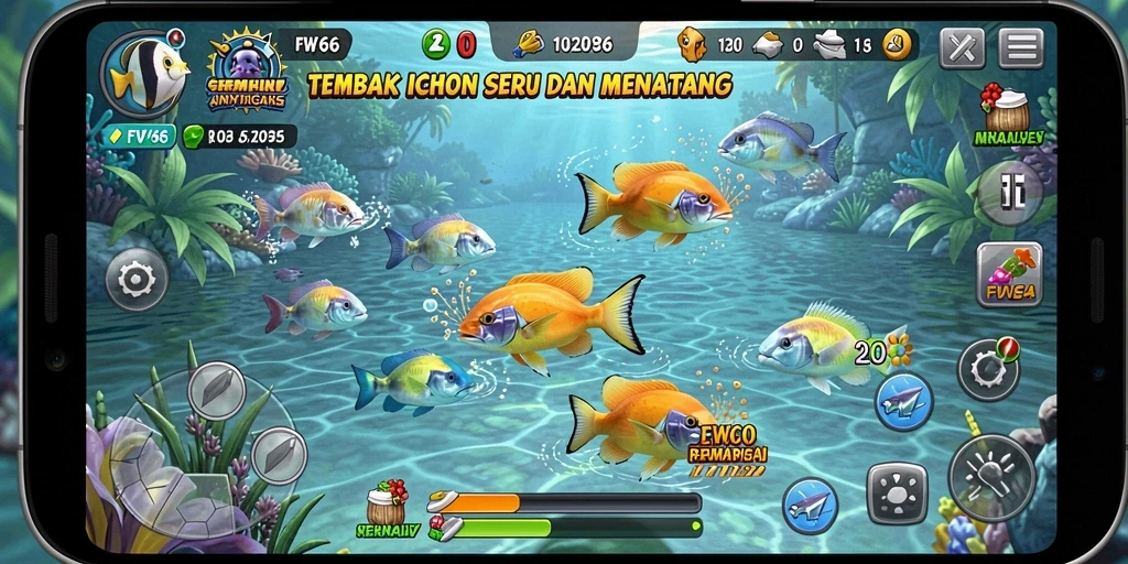 Tampilan screenshot FW66 yang menampilkan aksi menembak ikan.