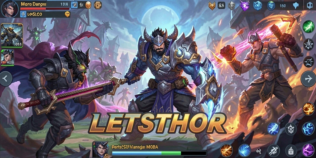 Tampilan pertarungan epik dalam LETSTHOR MOBA.