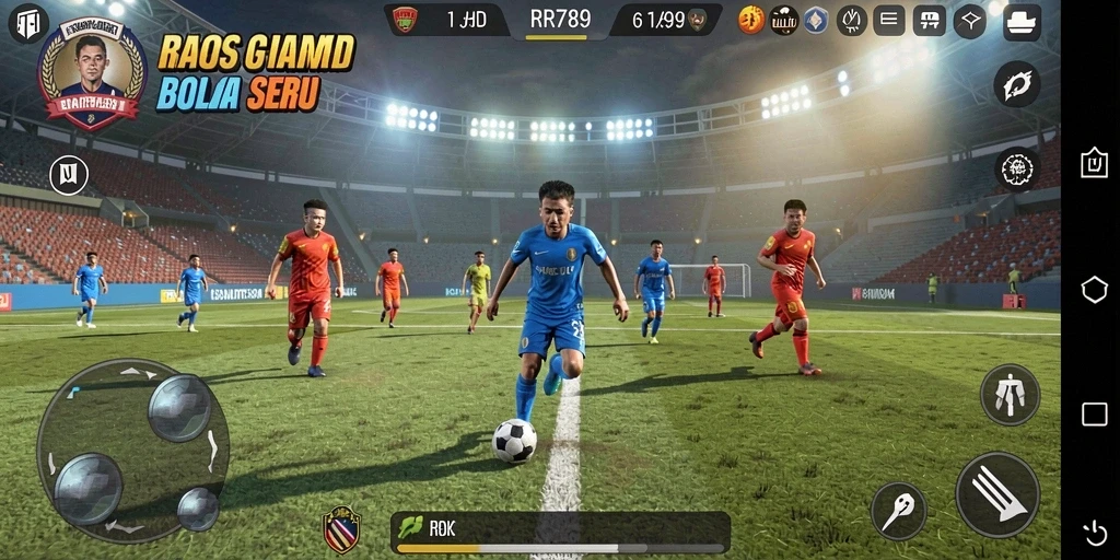 Screenshot gameplay RR789 menunjukkan aksi seru di lapangan sepak bola.